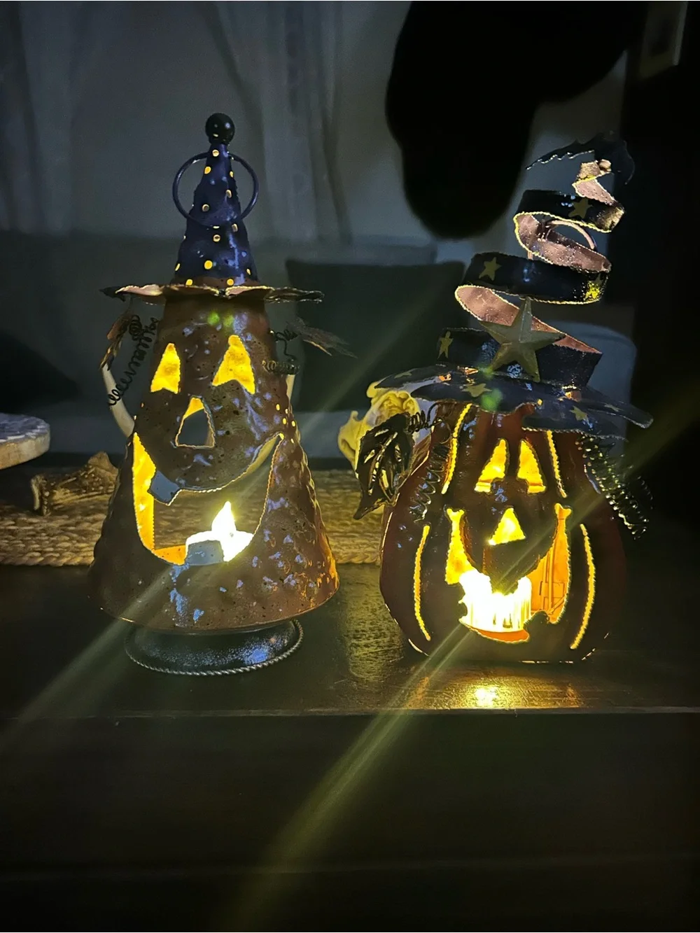 Vtg whimsical metal jack-o'-lantern’s tea light lanterns, Witch And Pumpkin